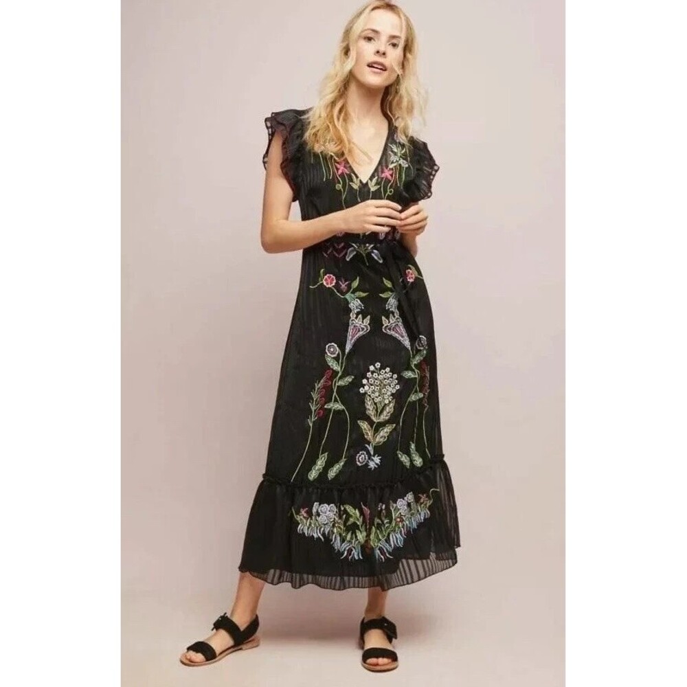 Anthropologie Not So Serious Corsica Size 0 Black Sheer Embroidered Beaded Dress